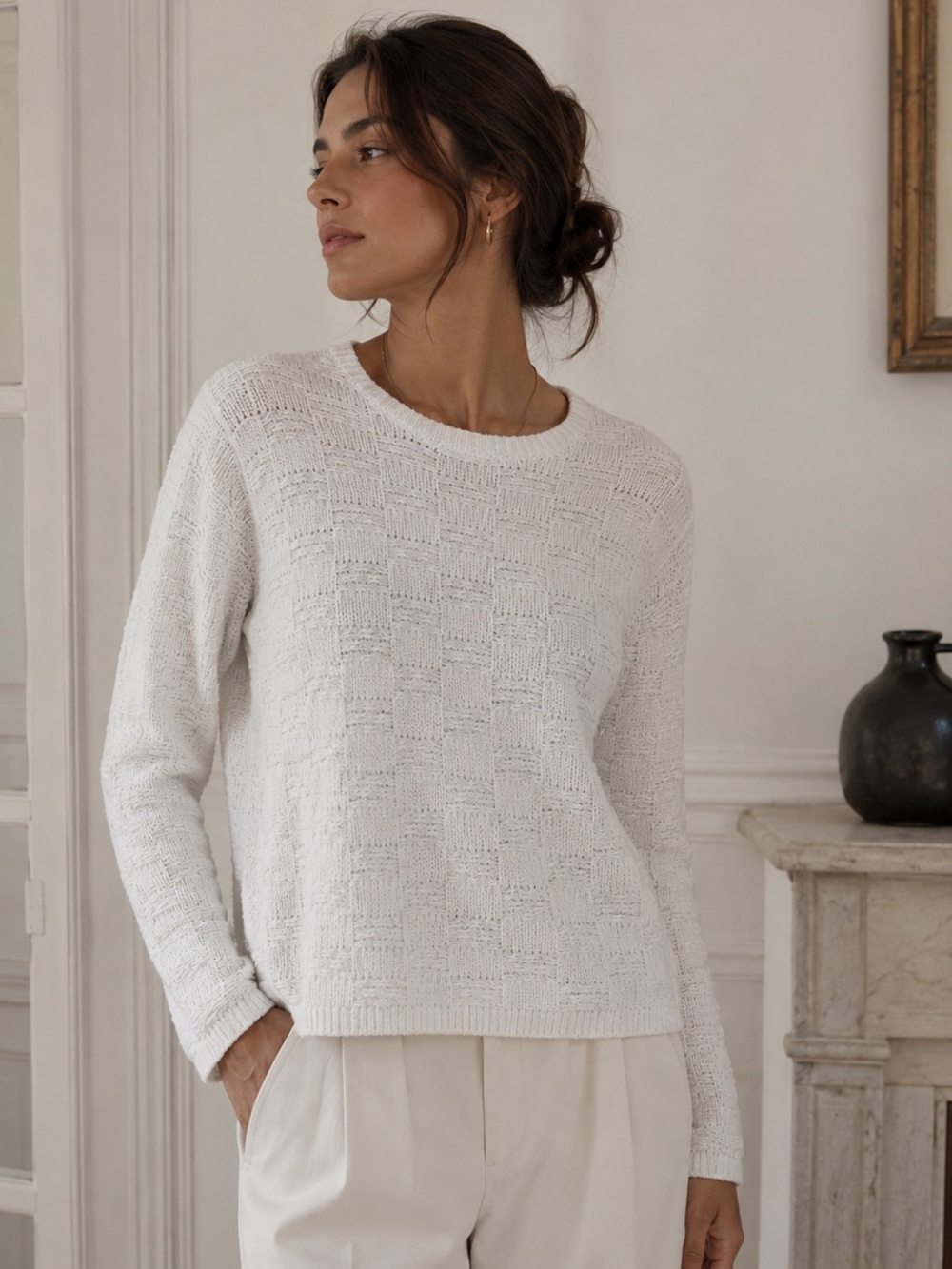 Eileen Fisher Organic Cotton Linen Sweater White M Textured Minimalist Knit